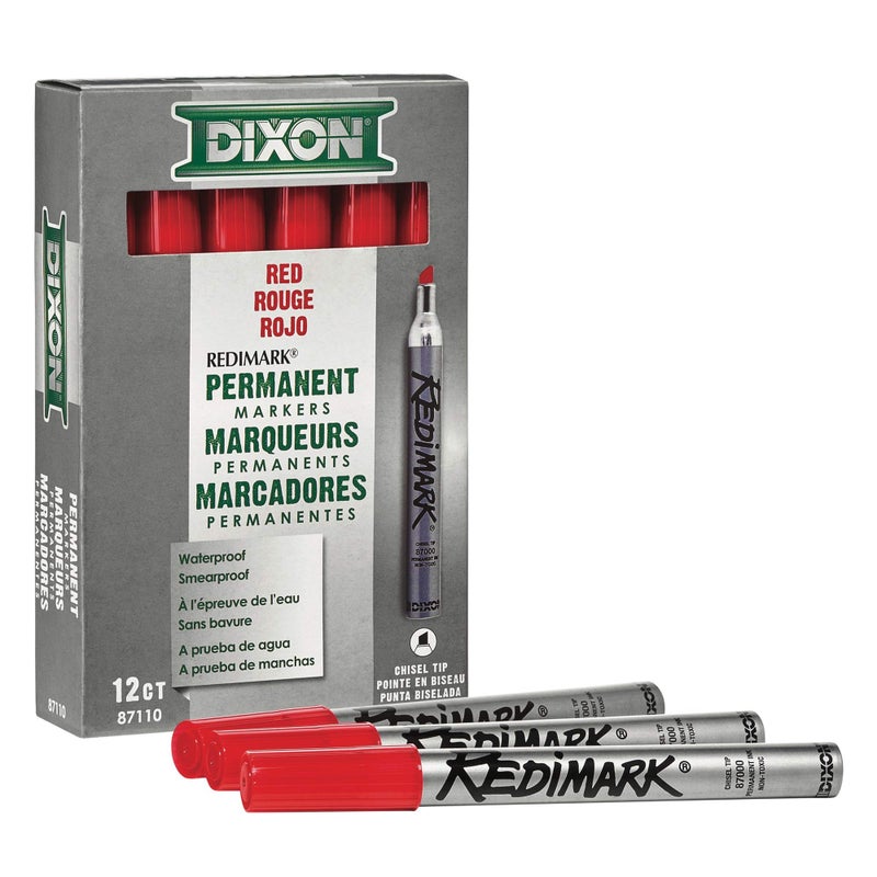 DIXON Industrial RediMark Permanent Markers, Chisel Point, Metal Barrel, Box of 12 Markers, Red (87110) - Image 2